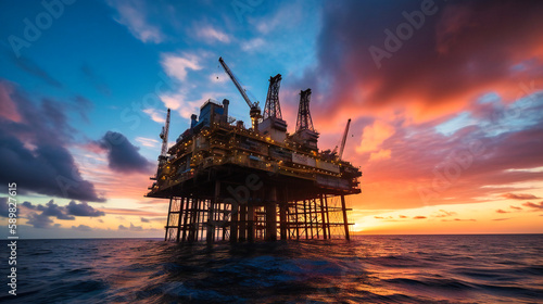A striking silhouette of an offshore oil and rig platform, bathed in the soft glow of sunset or sunrise