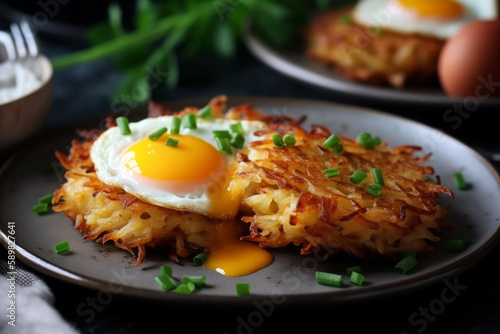 Hash browns and fried eggs , American breakfast. Ai generated.