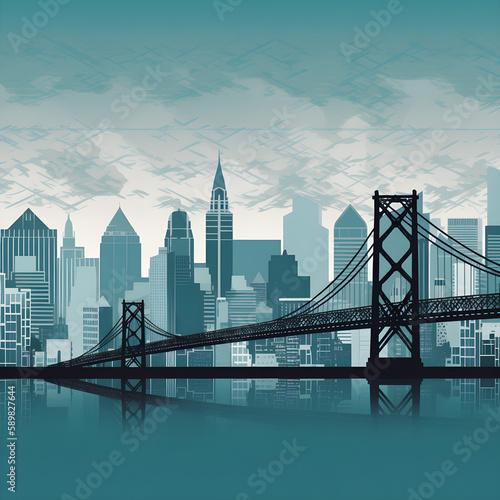 An illustration showing a city skyline with skyscrapers, bridges, and landmarks. © snak1o