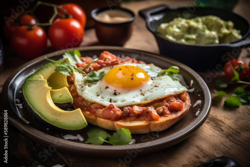 Huevos rancheros with fried eggs and vegetable salad, American breakfast. Ai generated.