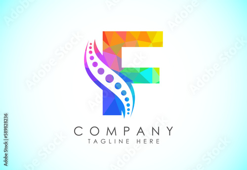 Polygonal F alphabet with chiropractic spine logo. Low poly style spinal care icon for business and company identity.