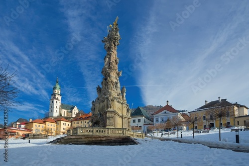 The baroque Holy Trinity plague column in central square of Kremnica, Slovakia