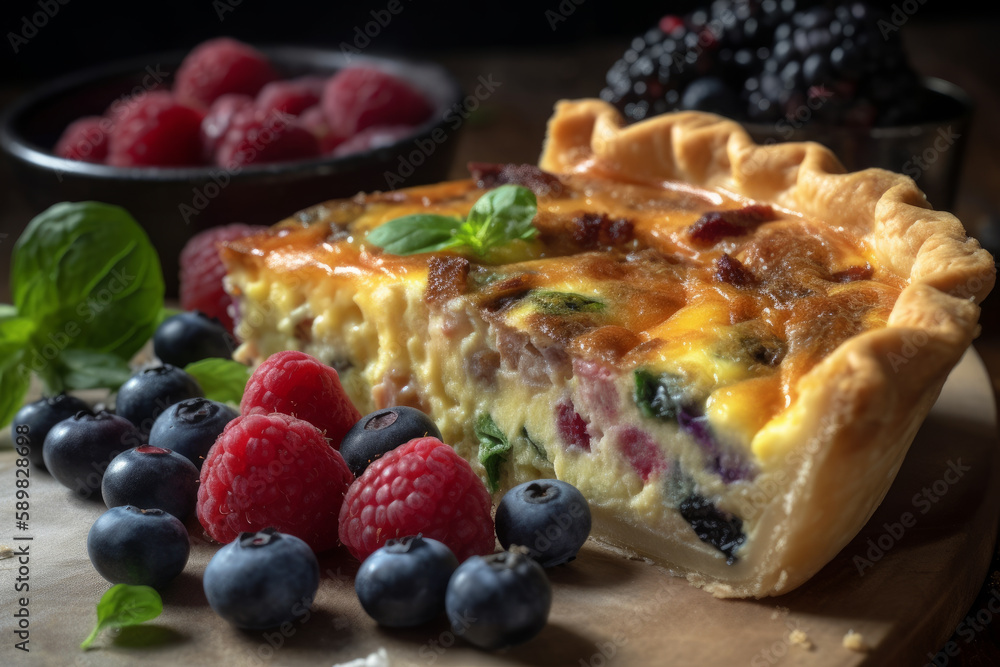 Quiche tart cake with blueberries, American breakfast. Ai generated. Quiche tart cake with blueberries, American breakfast. Ai generated.