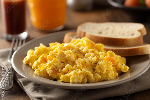 Scrambled eggs, American breakfast. Ai generated.