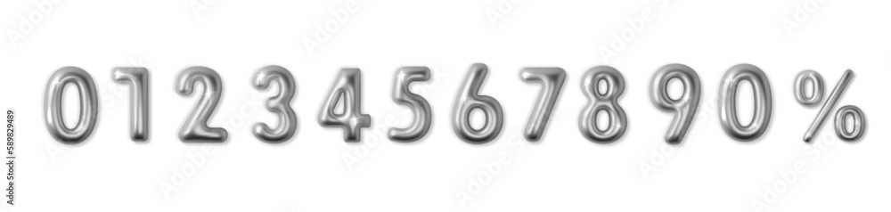 Set silver chrome numbers on white background. Design element for sale banner or discount or bank card. Silver foil balloons number set for banner, cover Birthday, celebrate anniversary and wedding. Set silver chrome numbers on white background. Design element for sale banner or discount or bank card. Silver foil balloons number set for banner, cover Birthday, celebrate anniversary and wedding.