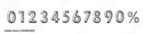 Set silver chrome numbers on white background. Design element for sale banner or discount or bank card. Silver foil balloons number set for banner, cover Birthday, celebrate anniversary and wedding.