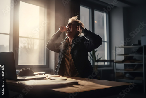 Man is furious shouting near window in office, man is screaming with painful expression almost crying with light flare background, generative ai