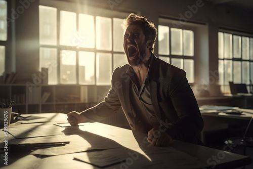 Man is furious shouting near window in office, man is screaming with painful expression almost crying with light flare background, generative ai