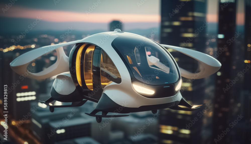 Fototapeta premium Passenger Autonomous Aerial Vehicle AAV. Future of urban air mobility. Urban Air Mobility. Public aerial transportation. Autonomous driverless aerial vehicle fly through night city. generative ai