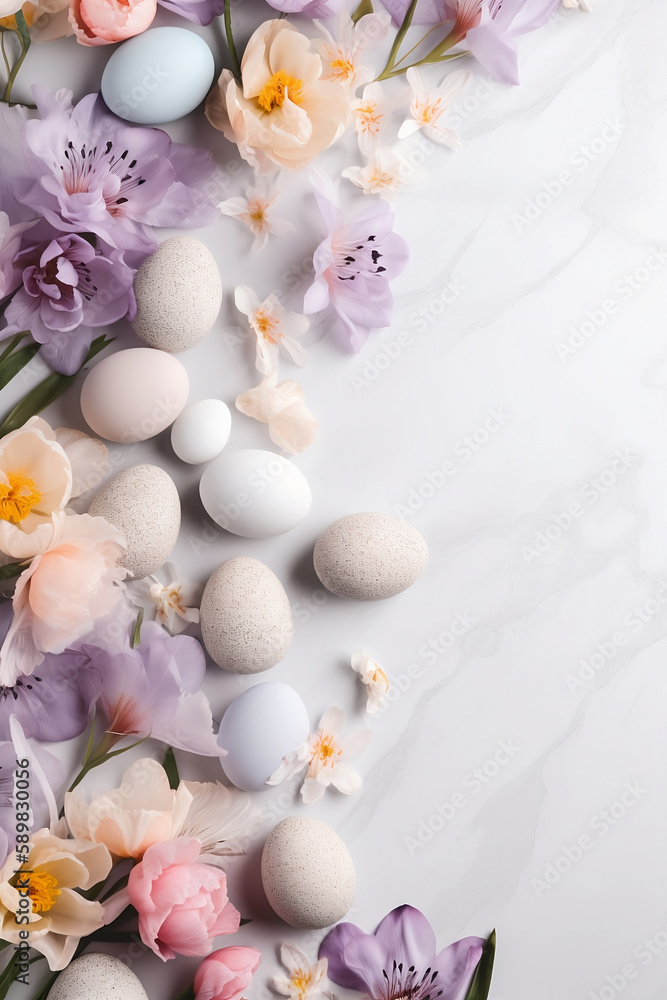 Easter background with spring flowers and eggs on light marbled table. Top view, flat lay style, copy space. Paschal frame, card, decorations, holiday composition, pastel colors. Image is AI generated Easter background with spring flowers and eggs on light marbled table. Top view, flat lay style, copy space. Paschal frame, card, decorations, holiday composition, pastel colors. Image is AI generated