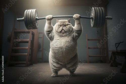 Starke Cartoon Gewichtheber-Katze - Stämmiger Kater trainiert das Gewichtheben im Fitnessstudio photo