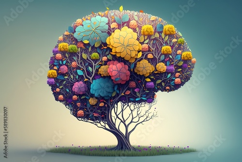 Menschliches Gehirn Baum mit Blumen.  Symbol für Selbstfürsorge und das psychische Gesundheit-Konzept - positives Denken und ein kreativer Geist photo