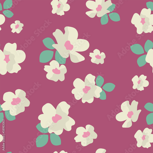 Fototapeta Naklejka Na Ścianę i Meble -  Floral Seamless Pattern with Cherry flowers on pink background. Spring Background with Blossom Flowers for Fabric, Wallpaper, Posters, Banners. Vector illustration
