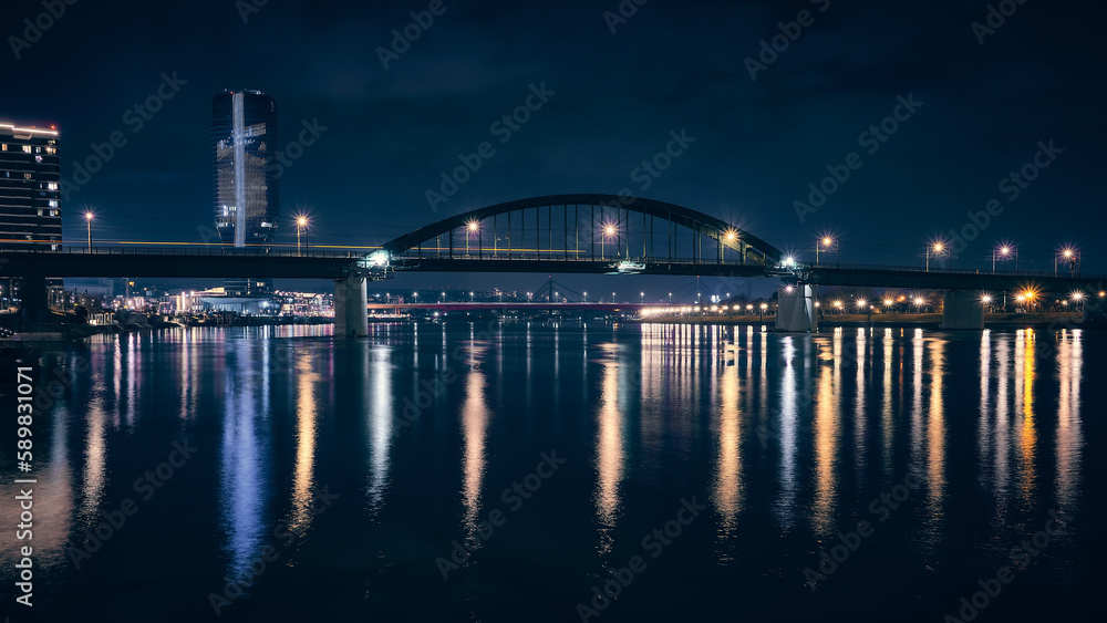 Belgrade Tower, bridges of Sava river and night illumination captured with long exposure in the night. Belgrade, Serbia