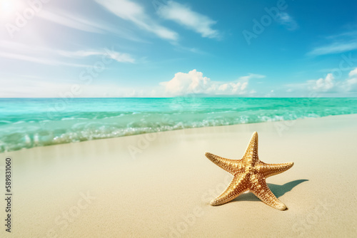 Summer beach with starfish. Shell on sand and summer time. Summer background of beach with shells on sand and summer sunny day. generative ai  