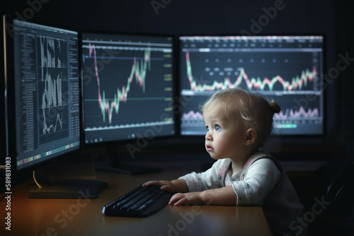 Child sitting bihind computer screen displaying multiple financial reports and graphs. Generative AI  photo
