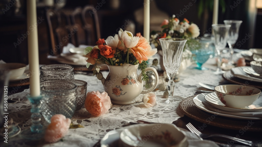 Wedding table setting in rustic style Generated AI