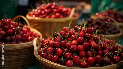Harvest of red cherries on a market stall