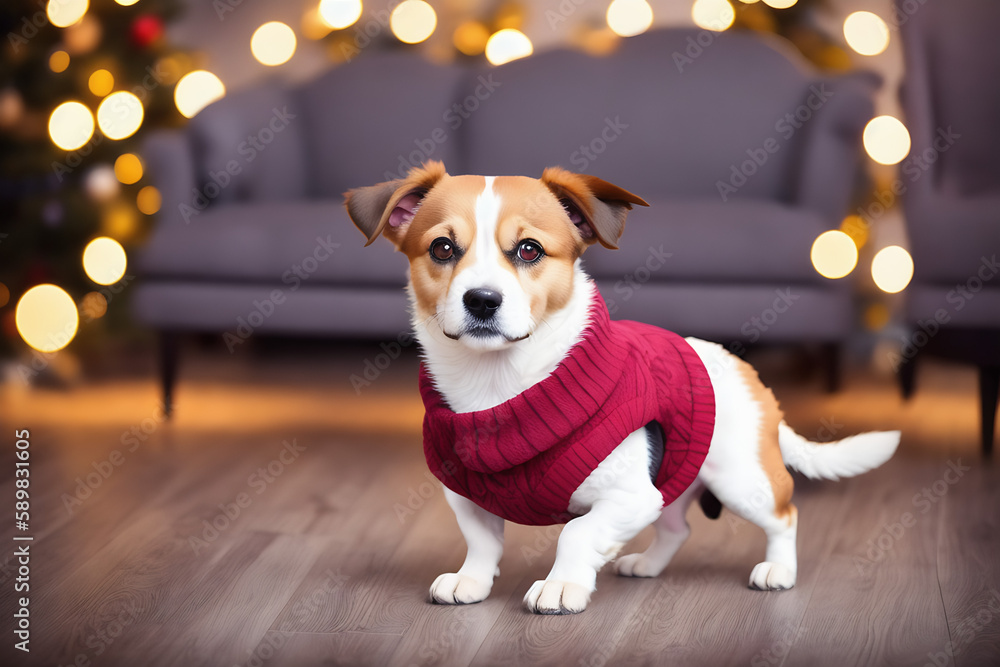 Portrait of a adorable dog, funny and cute face closeup, wear a warmer clothes, ready for christmas, isolated on beautiful bokeh background, created with generative ai Portrait of a adorable dog, funny and cute face closeup, wear a warmer clothes, ready for christmas, isolated on beautiful bokeh background, created with generative ai