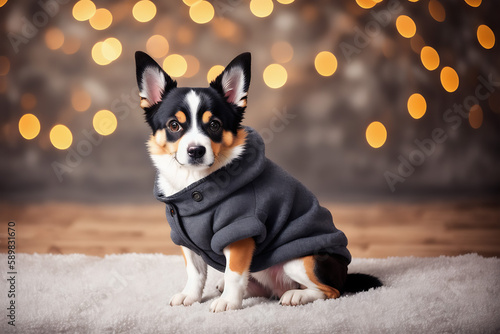 Portrait of a adorable dog, funny and cute face closeup, wear a warmer clothes, ready for christmas, isolated on beautiful bokeh background, created with generative ai