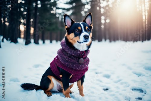 Portrait of a adorable dog, funny and cute face closeup, wear a warmer clothes, ready for christmas, isolated on beautiful bokeh background, created with generative ai