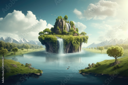 Float landscape with waterfall paradise on blue sky. Generative AI