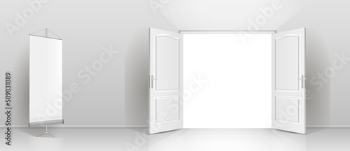The interior of an empty room with a white wall and an open door.
 Free space for copying, 3d image.
