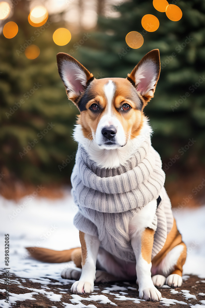Portrait of a adorable dog, funny and cute face closeup, wear a warmer clothes, ready for christmas, isolated on beautiful bokeh background, created with generative ai Portrait of a adorable dog, funny and cute face closeup, wear a warmer clothes, ready for christmas, isolated on beautiful bokeh background, created with generative ai