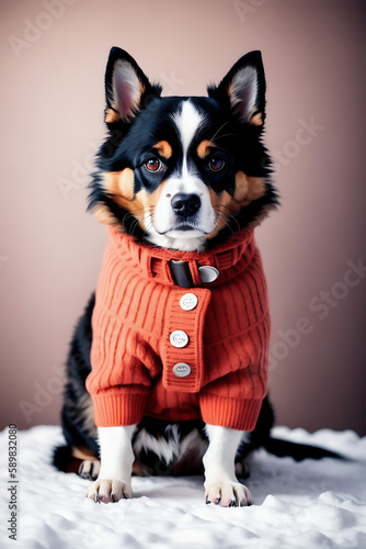Portrait of a adorable dog, funny and cute face closeup, wear a warmer clothes, ready for christmas, isolated on beautiful bokeh background, created with generative ai © fiermanmuch