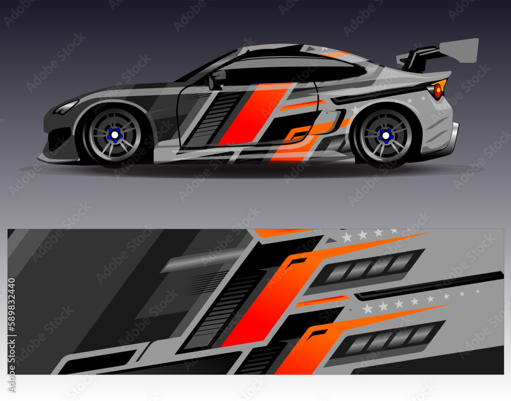 Fototapeta premium Car wrap design vector. Graphic abstract stripe racing background kit designs for wrap vehicle race car rally adventure and livery