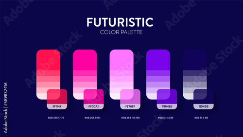 Color palette in Futuristic colour theme collections. Color scheme or colors chart template. Color combination set of RGB, HSL and HEX codes. Color swatch for art, fashion, home design, web. Vector.