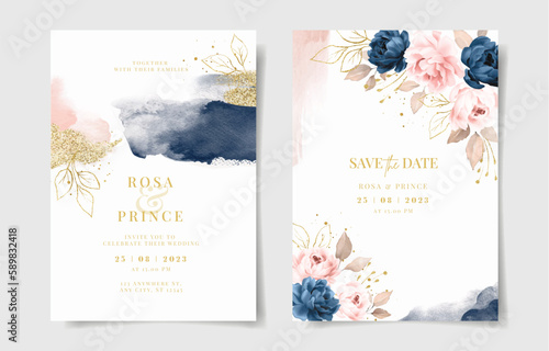 Set of watercolor wedding invitation card template with navy and pink floral and leaves decoration