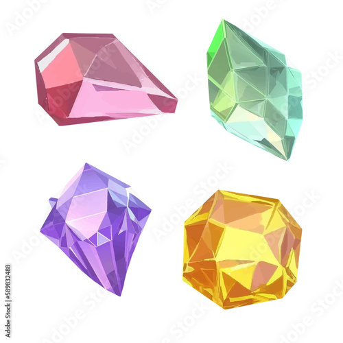 Set of colorful 3d diamond gemstones and shiny heart shaped crystals in a luxury geometric jewelry icon illustration featuring brilliant ruby and purple amethyst stone design