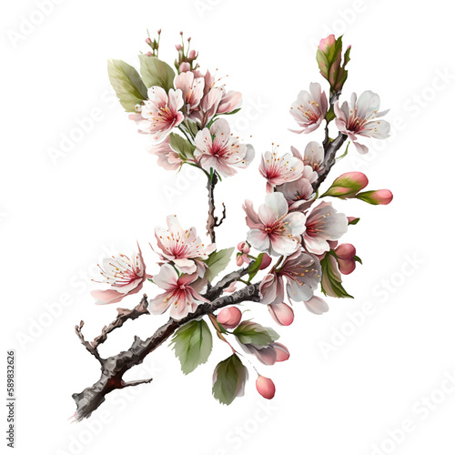 Beautiful realistic illustration of blooming branch of cherry tree. White peach flowers. Isolated on white background. Sakura, cherry, peach, apple blossom. Printing, designer, clothes, icon, logo