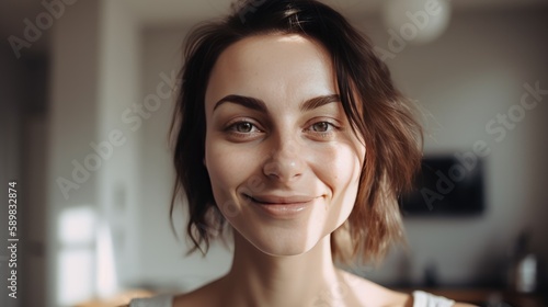 A photo of a beautiful happy relaxing woman smiling at a camera at home. Happiness and beauty. Generative AI