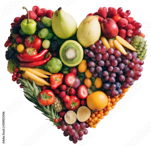 Vegetables and fruits in the shape of heart. Generative AI