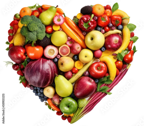 Vegetables and fruits in the shape of heart. Generative AI