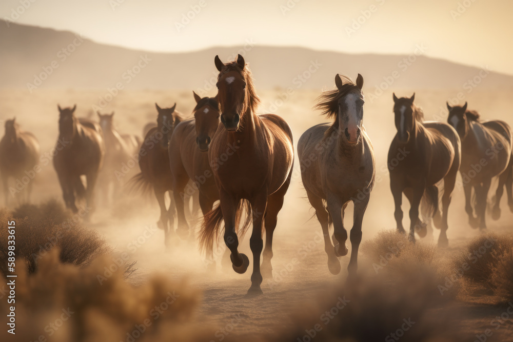 Obraz premium Wild Horses Galloping across Dusty Plains, Fine Art Nature Photography, Generative AI