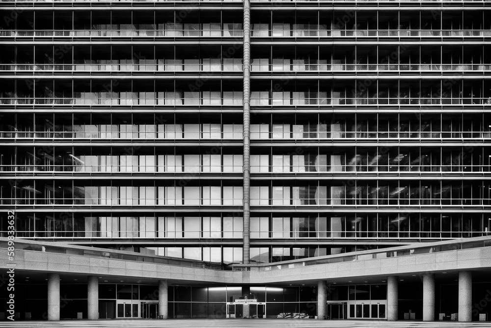 Fine Art Minimalism Black and White Photo of Building with Hundreds of Windows, Generative AI Fine Art Minimalism Black and White Photo of Building with Hundreds of Windows, Generative AI