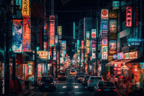 Tokyo Nightlife Enchantment, Illuminated Signs on Bustling Street, Cultural Urban Exploration, Generative AI