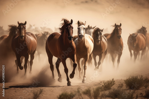 Wild Horses Galloping Across Dusty Plain, Fine Art Nature Photography, Generative AI © ArgitopIA