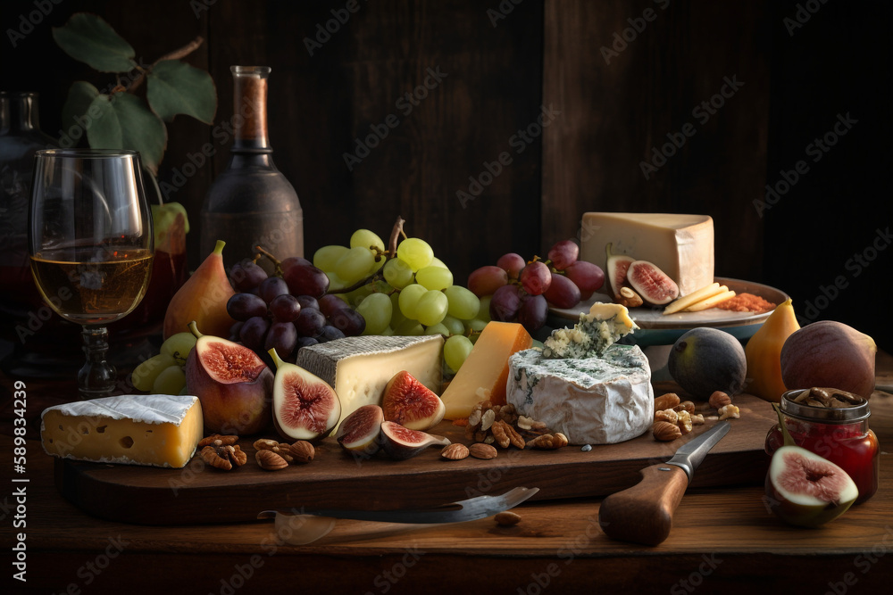 Generative ai very colorful tapas board of charcuterie with cheese Generative ai very colorful tapas board of charcuterie with cheese
