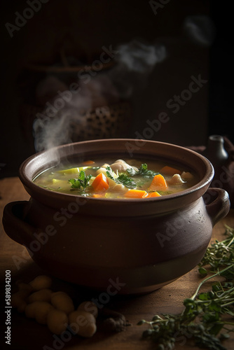 Generative ai colorful fresh autumn vegetables hot soup in a pot