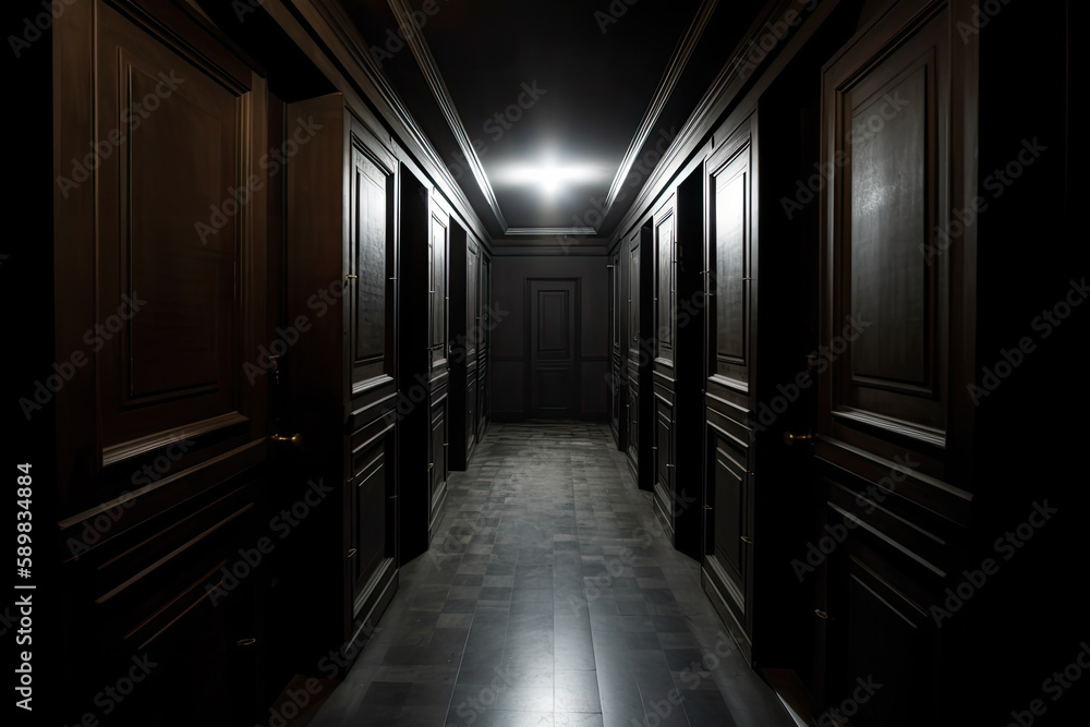 Dark backroom, many ways empty and labyrinth. AI generative.