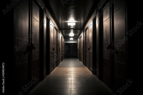 Dark backroom  many ways empty and labyrinth. AI generative.
