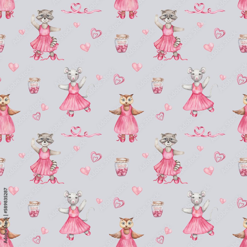 Watercolor seamless pattern. Hand painted illustration of cartoon raccoon, owl bird, mouse. Girls in dance studio in pink dress, ballet shoes. Animal character. Print on blue background for textile Watercolor seamless pattern. Hand painted illustration of cartoon raccoon, owl bird, mouse. Girls in dance studio in pink dress, ballet shoes. Animal character. Print on blue background for textile