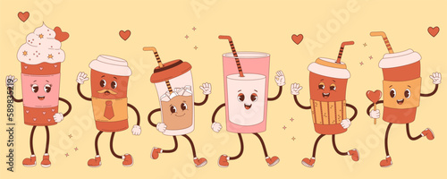 Fototapeta Naklejka Na Ścianę i Meble -  Big collection retro cartoon characters coffee. Cute takeaway coffee in paper cups. Vector illustration. Isolated funny drinks for design, decor, postcards, menu.