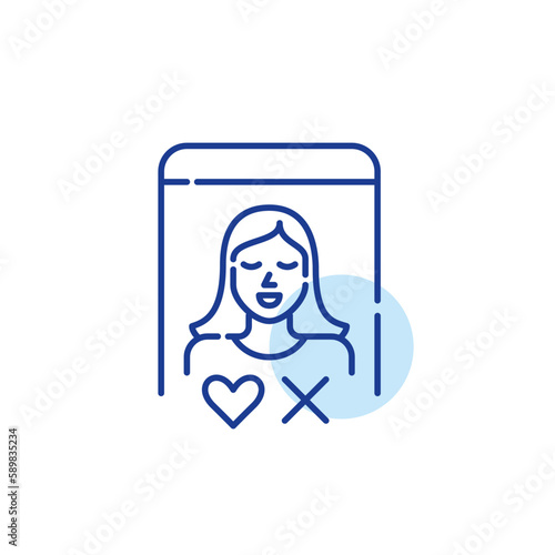 Dating app female user. Possible match with heart and cross as yes or no symbols. Pixel perfect, editable stroke icon