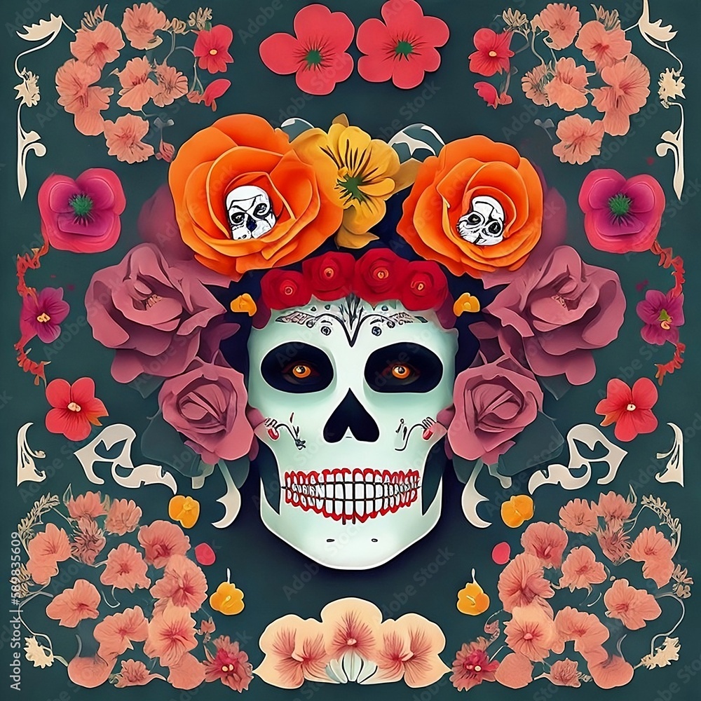 Day of the Dead and Halloween. Katrina Dia de los Muertos. Mexican tradition, festival. The woman is made up of a sugar skull. Calavera Katrina typographic poster, t-shirt style. Generative AI