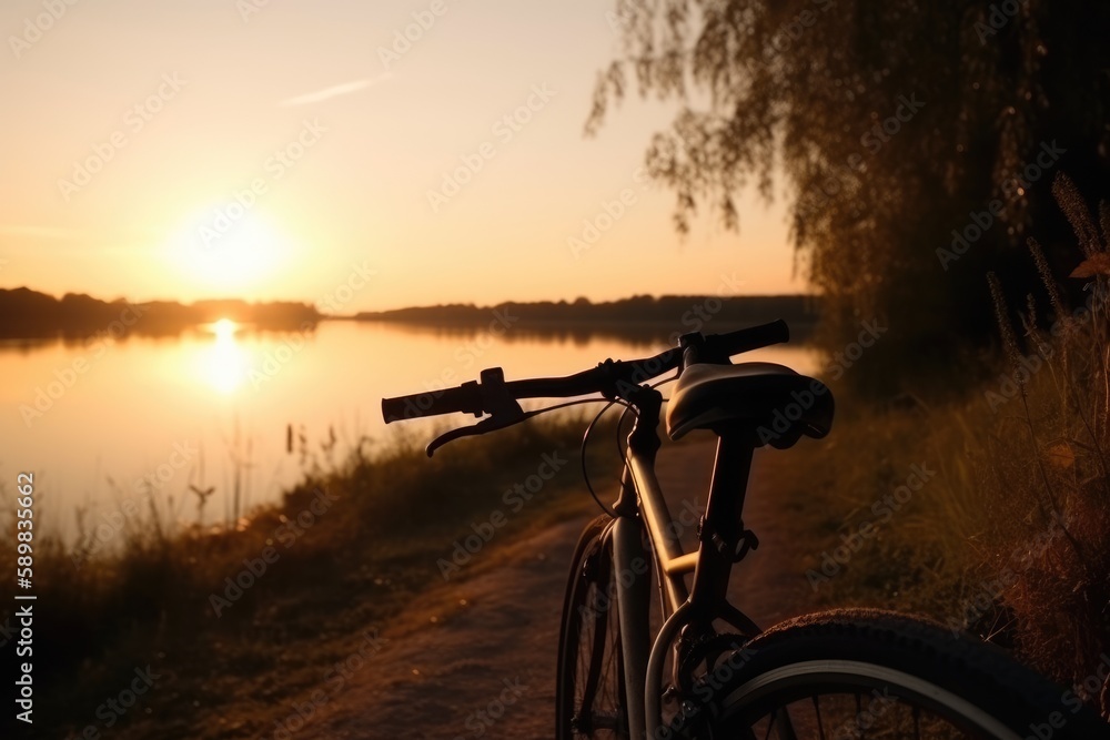bycicle standing next to a lake - sunset bycicle standing next to a lake - sunset